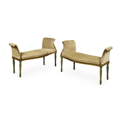 View full screen - View 1 of Lot 396. A Pair of George III Green-Painted and Parcel-Gilt Window Seats, Circa 1780.