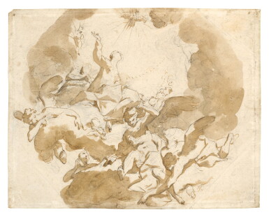 View full screen - View 1 of Lot 115. Recto: Study for the Assumption of the Virgin Verso: Studies of Drapery and two legs.