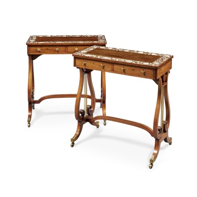 View full screen - View 1 of Lot 1322. A Pair of Regency Anglo-Indian Ivory-Inlaid Padouk and Rosewood Side Tables, the Tops Vizagapatam, Possibly 18th Century, the Table Frames First Quarter 19th Century.