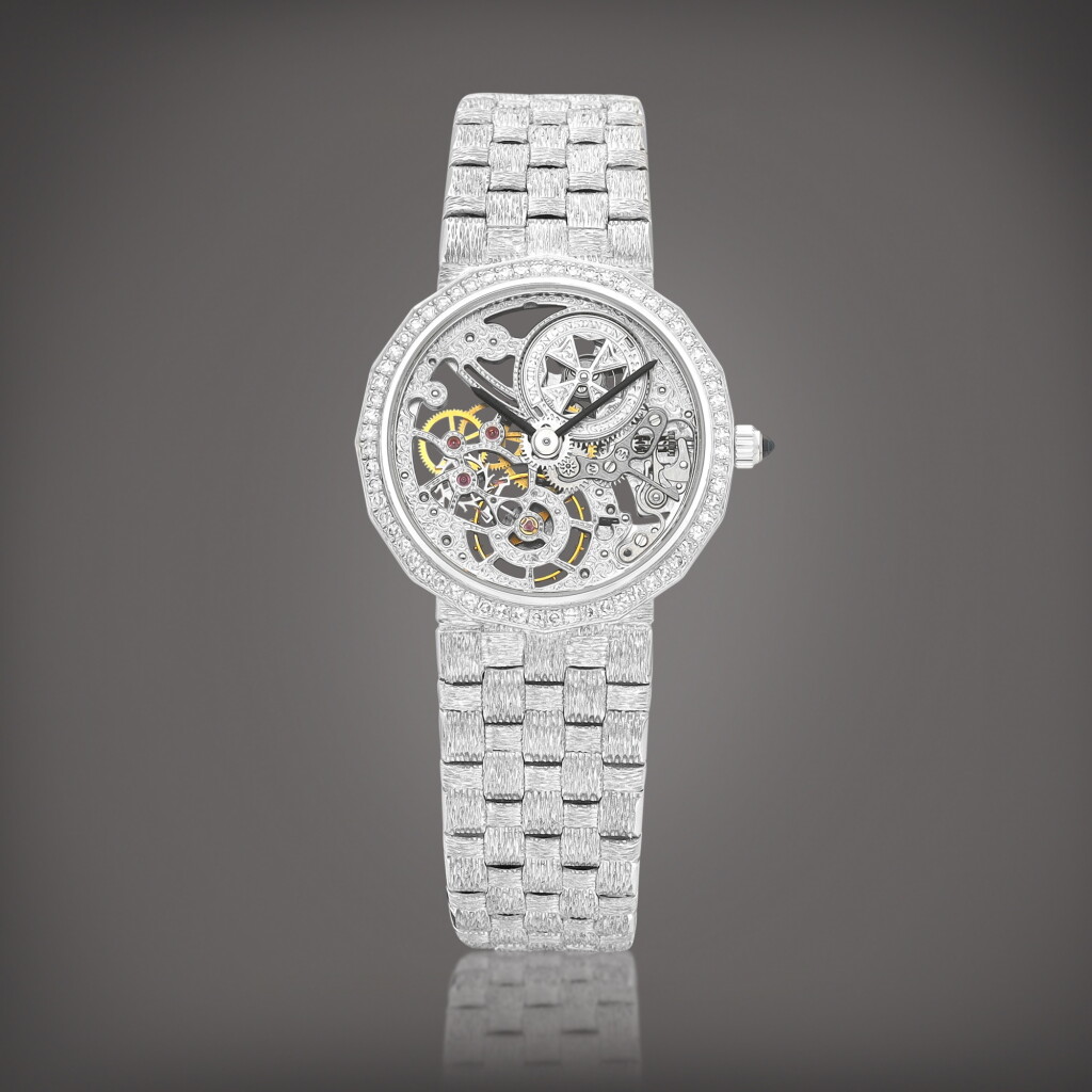 View full screen - View 1 of Lot 8879. Patrimony, Reference 13508 | A white gold and diamond-set skeletonised bracelet watch, Circa 1997 | 江詩丹頓 | Patrimony 型號13508 | 白金鑲鑽石鏤空鏈帶腕錶,約1997年製.