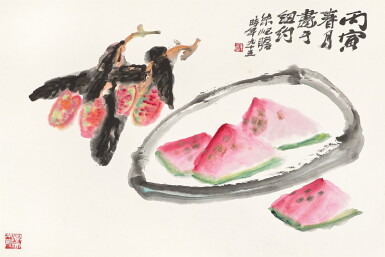 View full screen - View 1 of Lot 2505. Zhu Qizhan 朱屺瞻 | Lychee and Watermelon 夏菓解暑.