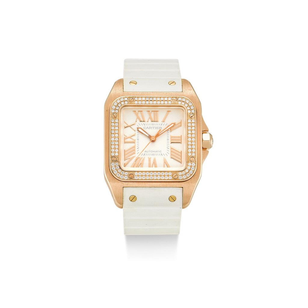 View full screen - View 1 of Lot 375. CARTIER | SANTOS 100, REFERENCE 2879 A PINK GOLD AND DIAMOND-SET WRISTWATCH, CIRCA 2017.