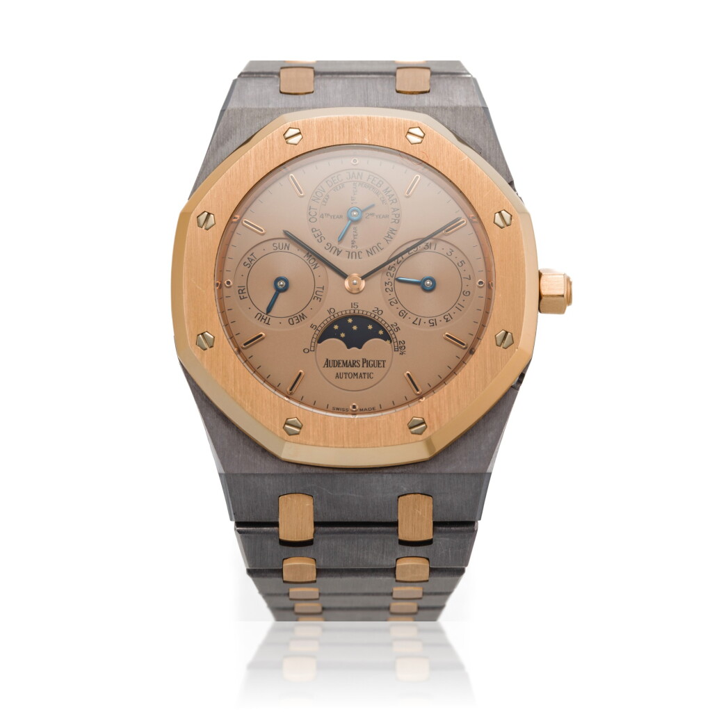 View full screen - View 1 of Lot 22. Reference 25820TR.O.0944TR.01 Royal Oak Perpetual Calendar | A tantalum and pink gold perpetual calendar wristwatch with moon phases and bracelet, Circa 1990 | 愛彼 25820TR.O.0944TR.01 型號 Royal Oak Perpetual Calendar | 鉭金屬及粉紅金萬年曆鍊帶腕錶備月相顯示,約1990年製.