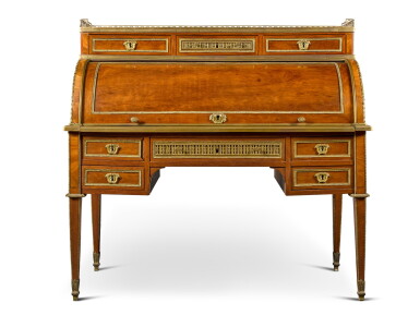View full screen - View 1 of Lot 127. A Louis XVI style gilt-bronze mounted mahogany bureau à cylindre, late 19th century.