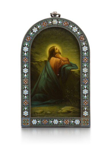View full screen - View 1 of Lot 617. A silver and cloisonné enamel icon of Christ, Ovchinnikov, Moscow, 1896-1908.
