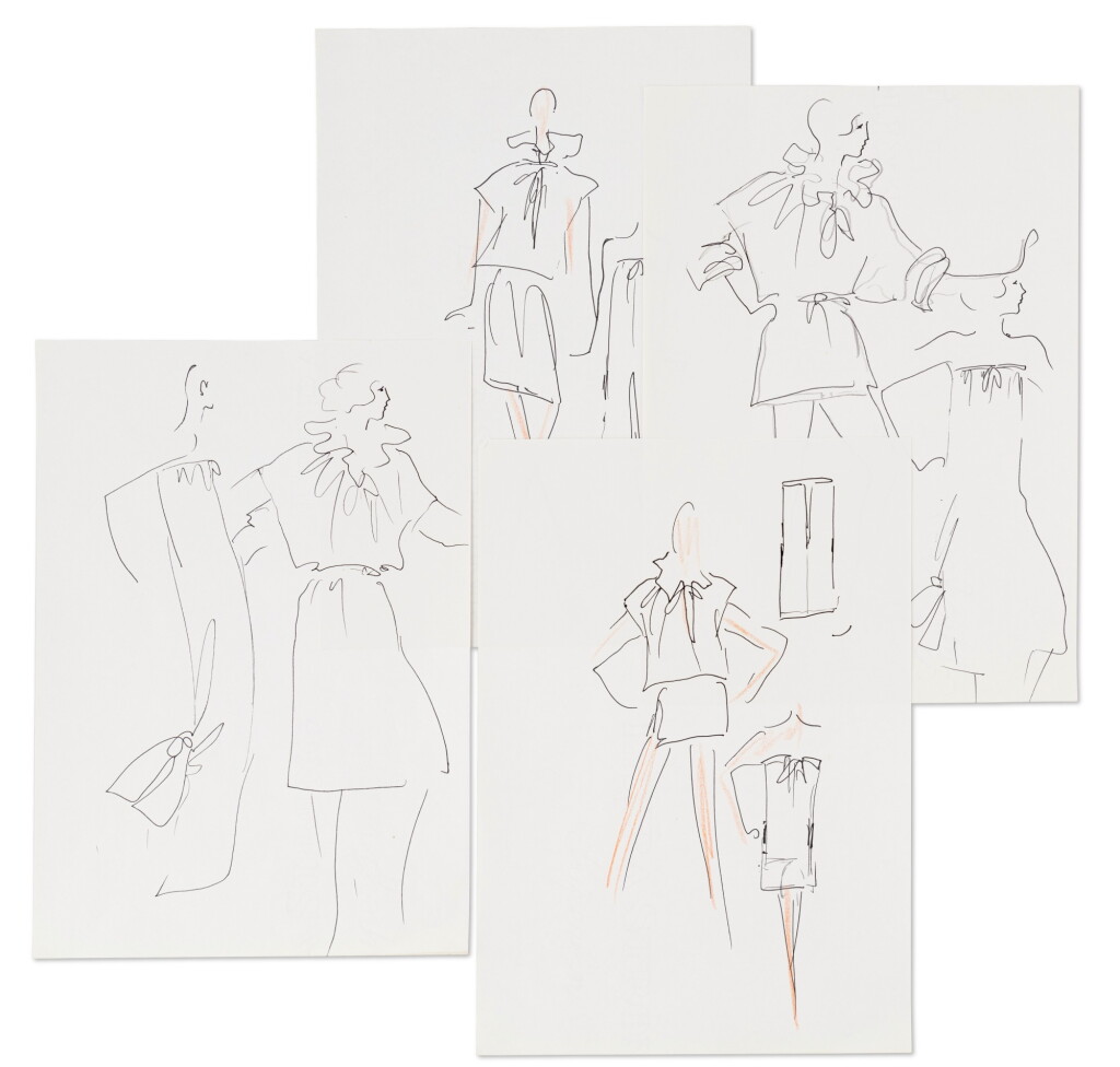 View full screen - View 1 of Lot 70. Four original sketches for fashion, in the 70's | Quatre croquis originaux, des années 1970.