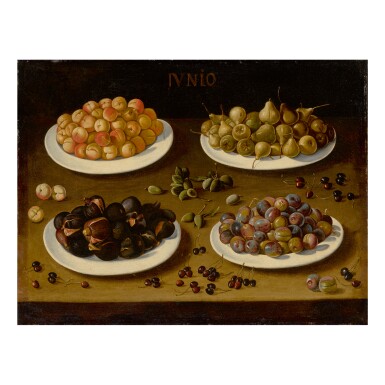 View full screen - View 1 of Lot 79. SPANISH SCHOOL, 17TH CENTURY | AN ALLEGORICAL STILL LIFE OF JUNE, WITH PLATES OF APRICOTS, PEARS, FIGS, AND PLUMS, AND ALMONDS AND CHERRIES SCATTERED ON THE TABLE.
