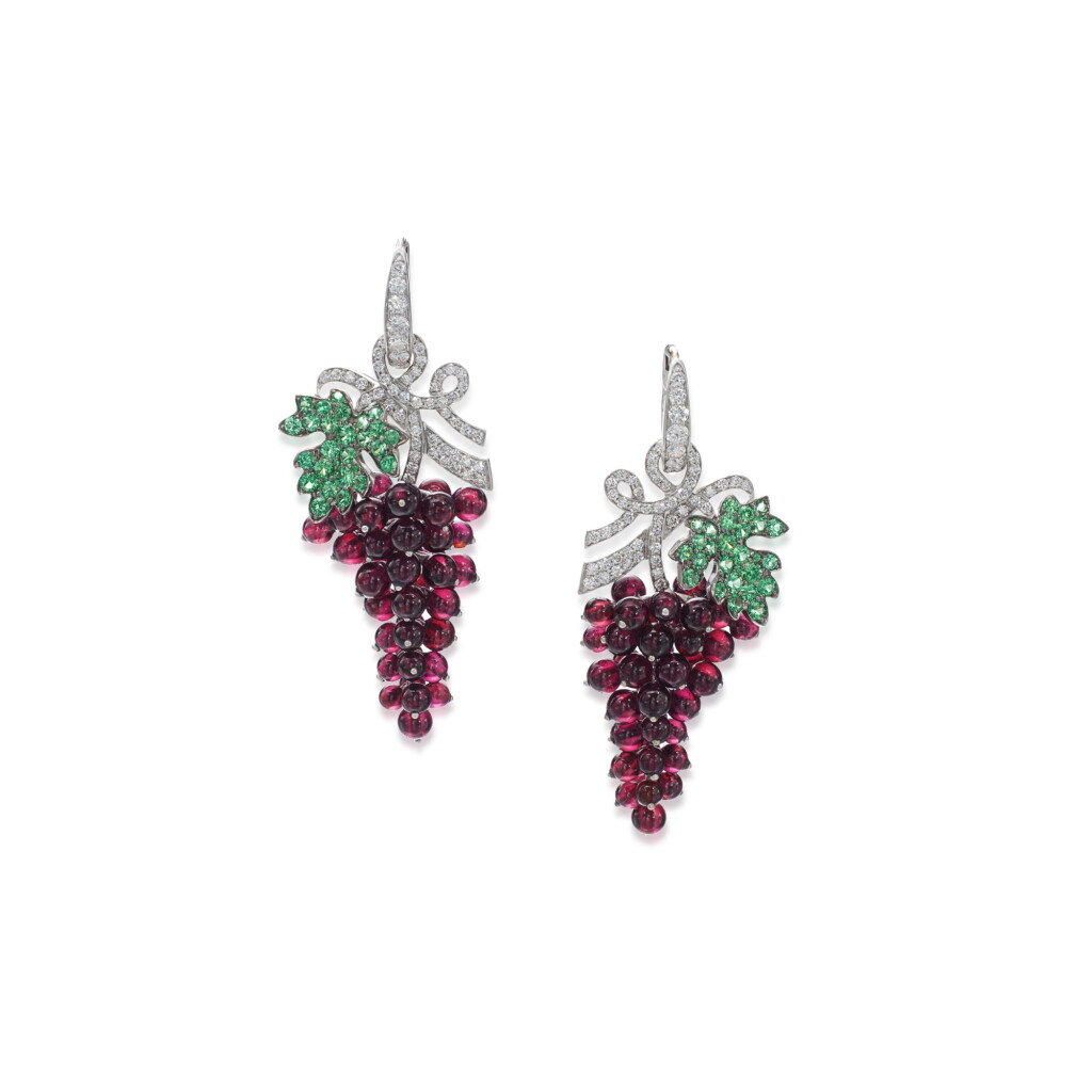 View full screen - View 1 of Lot 83. Pair of garnet, tsavorite and diamond earrings.