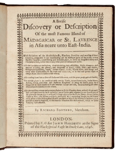 View full screen - View 1 of Lot 169. Madagascar—Boothby | A Brief Discovery or Description of the most Famous Island of Madagascar, London, 1646.