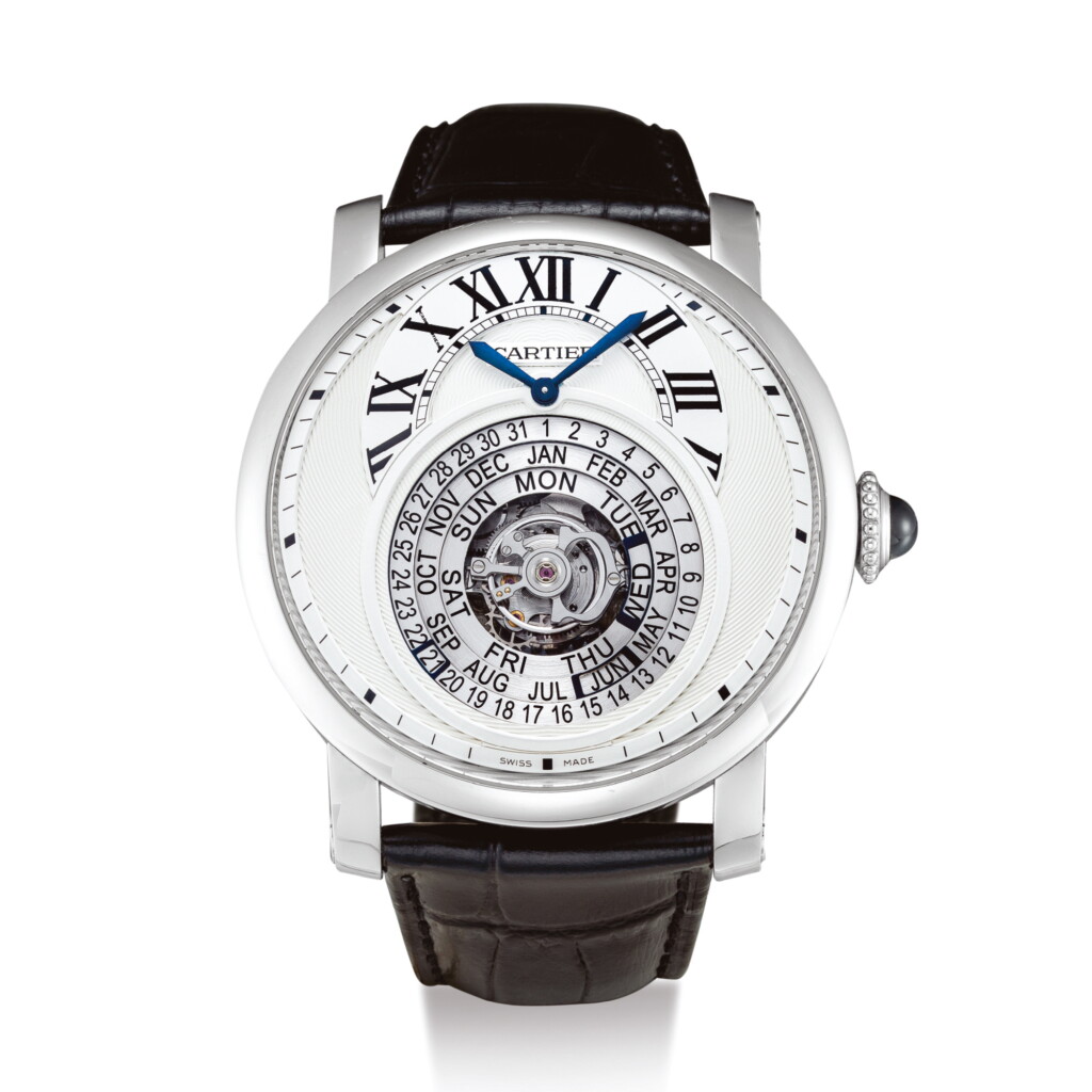 View full screen - View 1 of Lot 2156. CARTIER | ROTONDE DE CARTIER ASTROCALENDAIRE A LIMITED EDITION PLATINUM TOURBILLON PERPETUAL CALENDAR WRISTWATCH WITH LEAP YEAR INDICATION, CIRCA 2014" | 卡地亞 | Rotonde de Cartier Astrocalendaire 限量版鉑金陀飛輪萬年曆腕錶,備閏年顯示,錶殼編號3509及14/100,約2014年製".