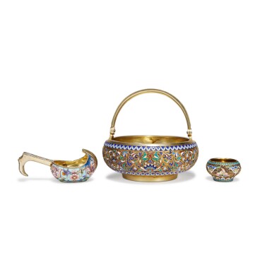 View full screen - View 1 of Lot 61. A Russian silver-gilt and cloisonné enamel kovsh, basket, and salt, Moscow, late 19th - early 20th century.