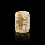 An archaic calcified celadon jade 'mask' cong, Neolithic period, Liangzhu culture 新石器時代良渚文化 神人獸面紋青玉琮