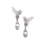 Pair of natural pearl and diamond pendent ear clips