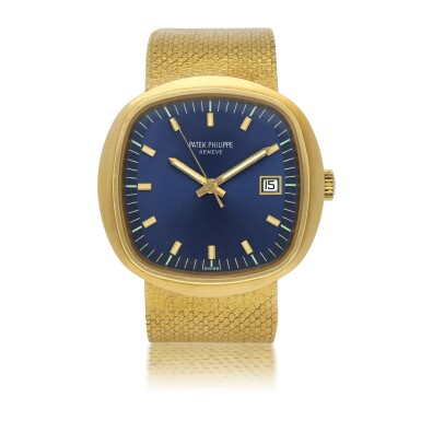 View full screen - View 1 of Lot 114. PATEK PHILIPPE | REFERENCE 3587 'BETA 21' A RARE YELLOW GOLD CUSHION FORM BRACELET WATCH, MADE IN 1971.
