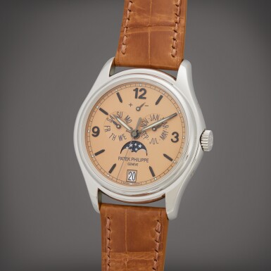 View full screen - View 1 of Lot 240. Reference 5450P-001 Advanced Research | A limited edition platinum automatic annual calendar wristwatch with moon phases, Circa 2009.