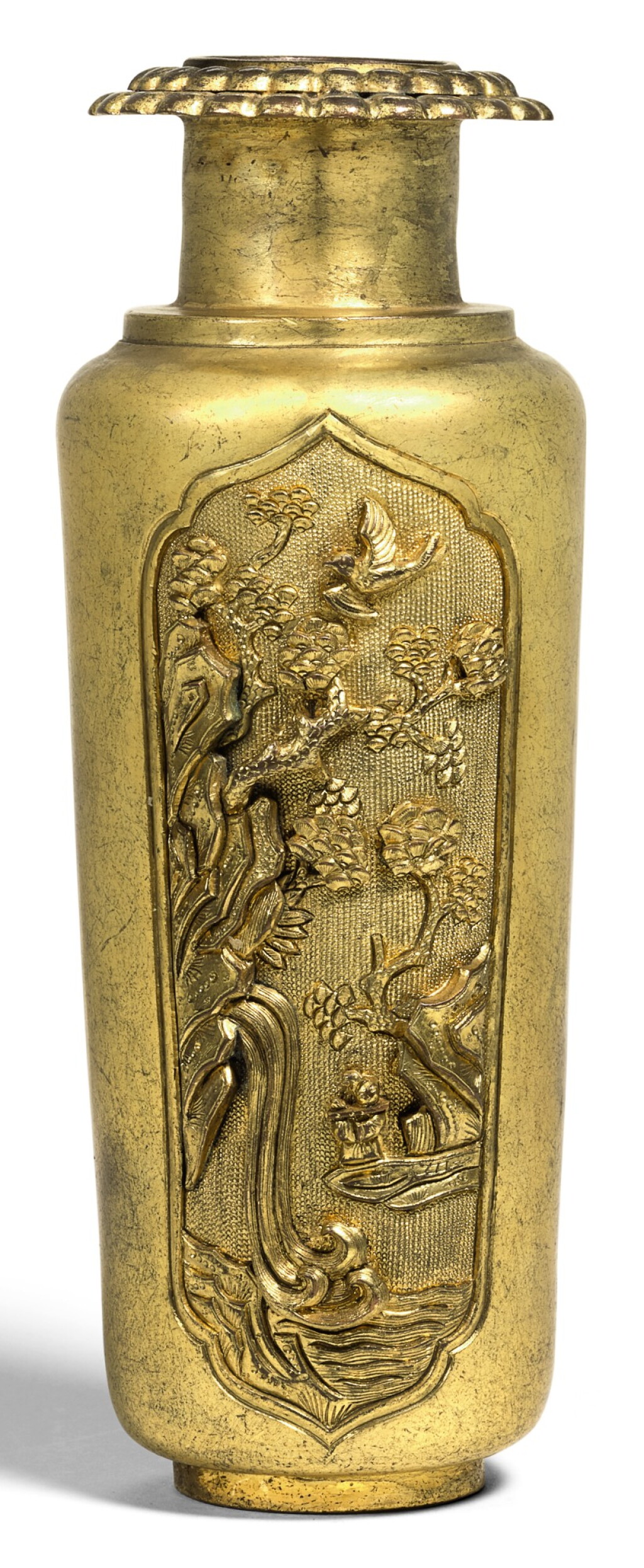 View full screen - View 1 of Lot 287. A SMALL GILT-BRONZE VASE QING DYNASTY, 18TH CENTURY | 清十八世紀 鎏金銅開光山水花鳥紋瓶.