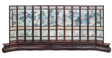 View full screen - View 1 of Lot 200. A rare twelve-panel throne-back screen inset with famille-rose porcelain panels, Qing dynasty, Jiaqing / Daoguang period.