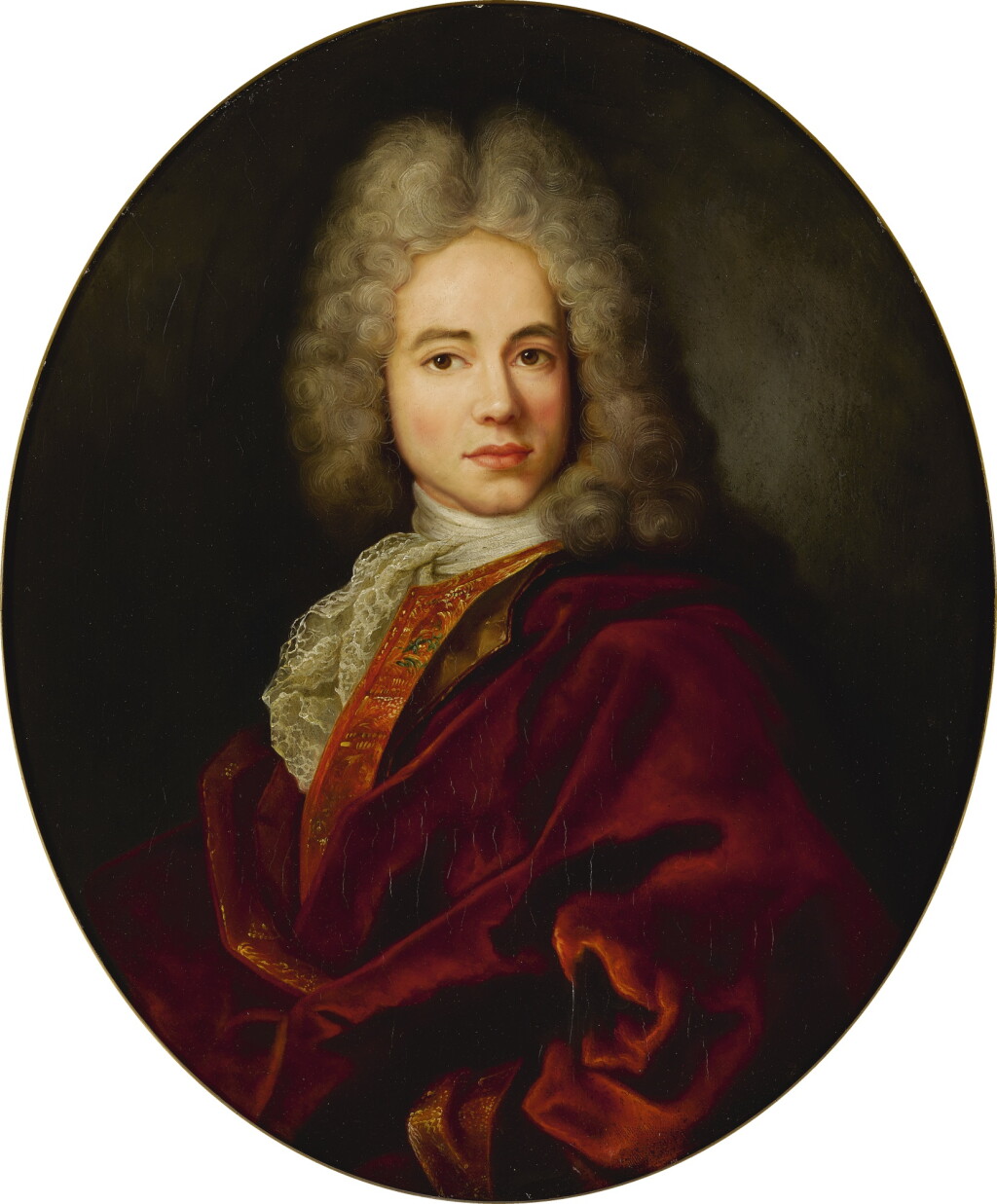View full screen - View 1 of Lot 758. Follower of Nicolas de Largillière | PORTRAIT OF A GENTLEMAN, HALF LENGTH, WEARING A RED ROBE AND GREY WIG.