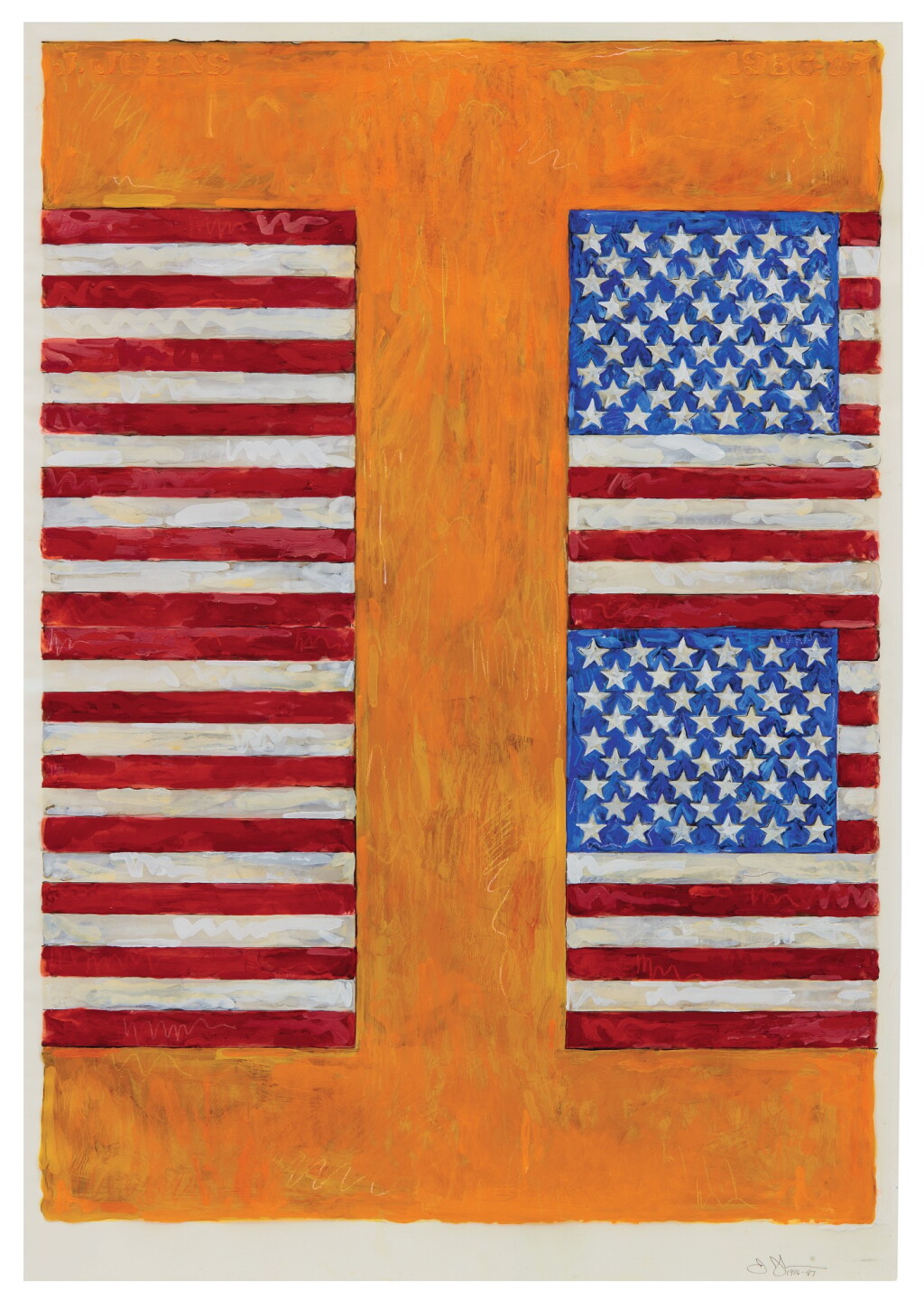 View full screen - View 1 of Lot 9. JASPER JOHNS | TWO FLAGS ON ORANGE.