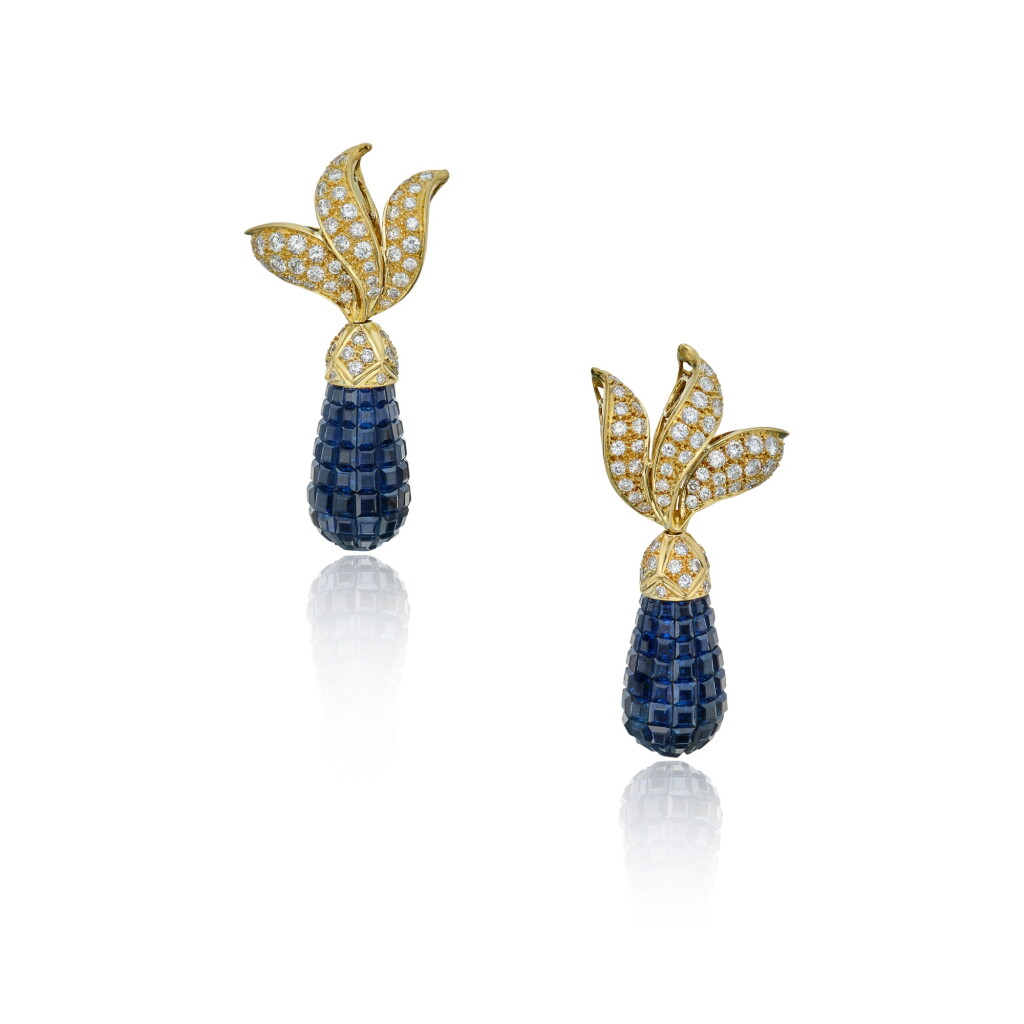 View full screen - View 1 of Lot 44. Pair of 'Mystery-Set' Sapphire and Diamond Pendant-Earclips.
