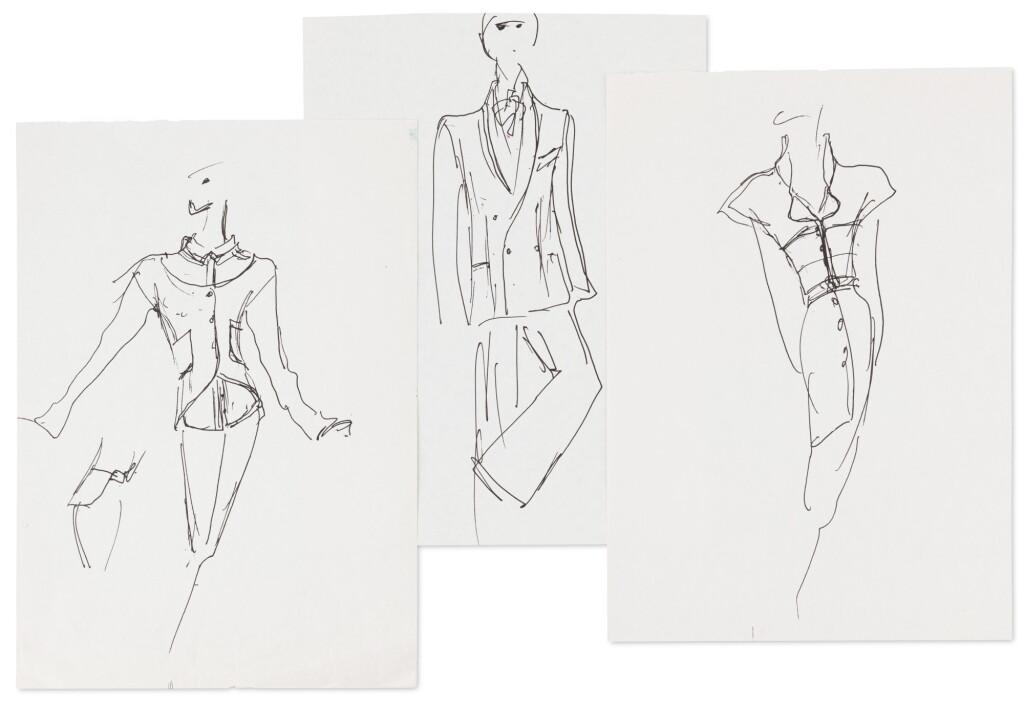 View full screen - View 1 of Lot 32. Three original sketches for fashion | Trois croquis de mode originaux.