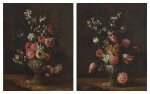 Carnations, daffodils and other flowers in an urn; Carnations, tulips, peonies and other flowers in an urn