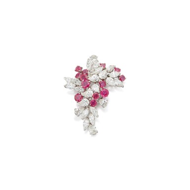 View full screen - View 1 of Lot 118. RUBY AND DIAMOND BROOCH, CARTIER.