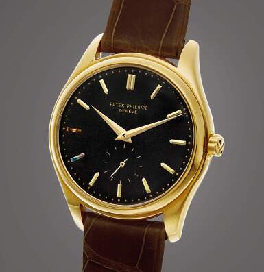 View full screen - View 1 of Lot 2007. Reference 2526 | A very well preserved yellow gold wristwatch with black enamel dial, Circa 1953 | 百達翡麗 | 型號2526 | 黃金腕錶,備黑色琺瑯錶盤,品相出衆,約1953年製.