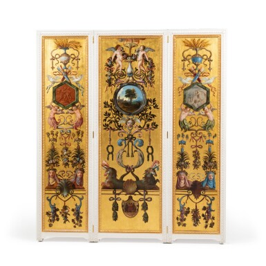 View full screen - View 1 of Lot 1. A set of six painted panels from the Cabinet de l'Amour in the Hôtel Lambert: (i) The Loves of Mars and Venus (ii) Landscape with a castle (iii) Venus Giving a Burning Arrow to Cupid (iv) Landscape with a mountain (v) Landscape with a foutain (vi) Landscape.