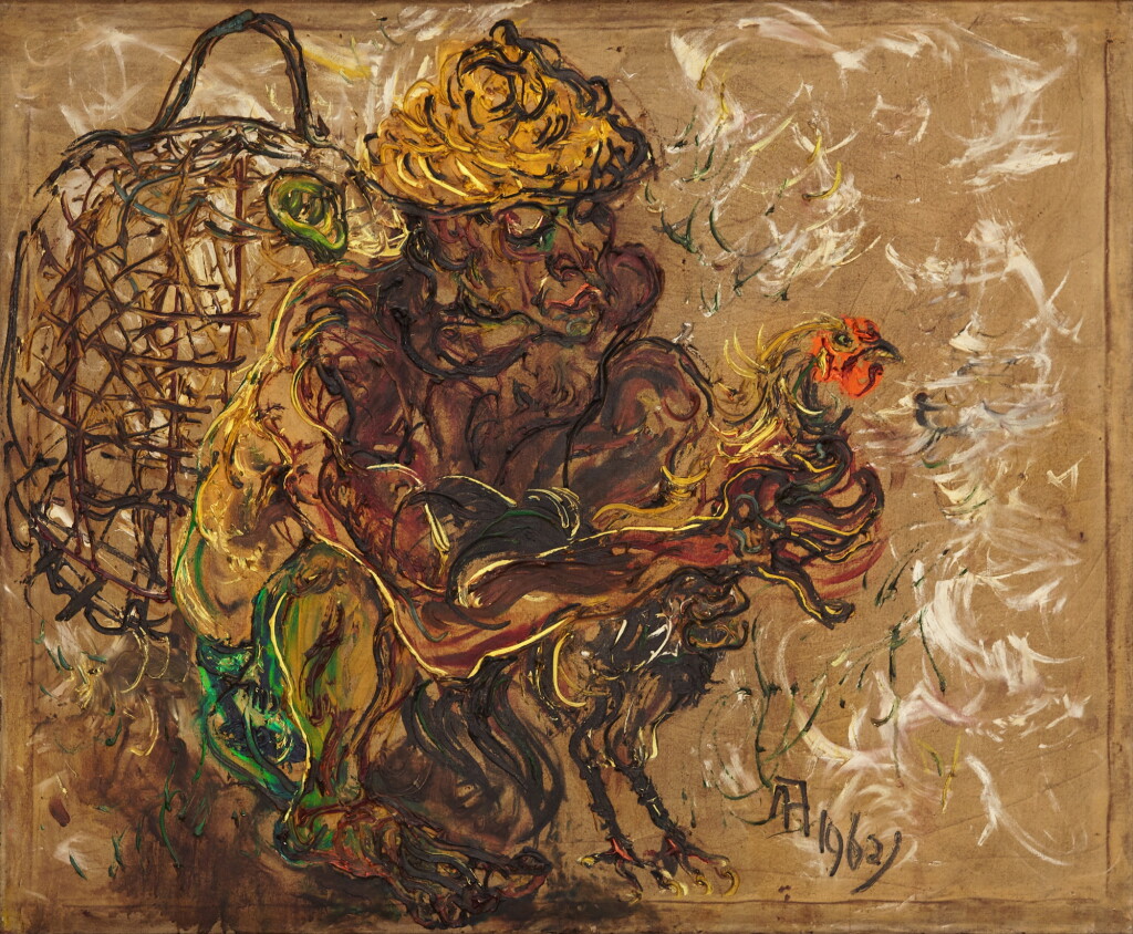 View full screen - View 1 of Lot 1039. Affandi 阿凡迪 | Man with cockerel 男人與公雞.