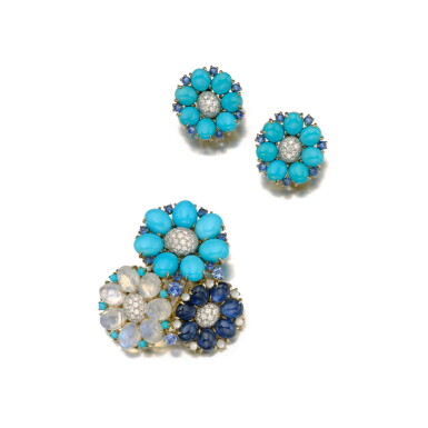 View full screen - View 1 of Lot 239. Sapphire, Turquoise and Diamond Brooch and Pair of Earclips,.