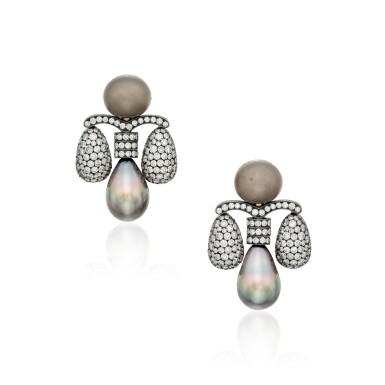 View full screen - View 1 of Lot 87. Pair of Cultured Pearl and Diamond Earclips.