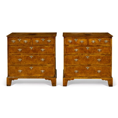View full screen - View 1 of Lot 187. A Pair of George II Figured Walnut Chests of Drawers, Circa 1735.