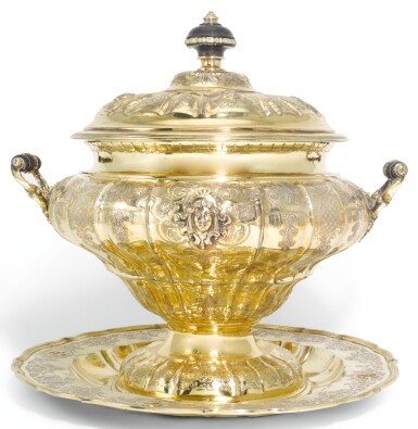 View full screen - View 1 of Lot 87. A LARGE GERMAN SILVER-GILT TWO HANDLED SOUP TUREEN, COVER, AND STAND, GOTTLIEB MENTZEL, AUGSBURG, CIRCA 1711-15.