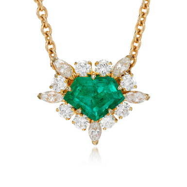View full screen - View 1 of Lot 72. Emerald and diamond pendant necklace.