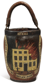 IMPORTANT JOHN MASURY ADROIT FIRE CLUB LEATHER PAINT-DECORATED FIRE BUCKET, SALEM, MASSACHUSETTS, 1820