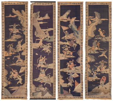 View full screen - View 1 of Lot 148. A set of four kesi depicting battle scenes, Qing dynasty, 19th century | 清十九世紀 緙絲征戰圖四聯.