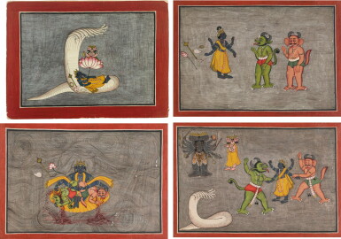 View full screen - View 1 of Lot 83. A GROUP OF FOUR ILLUSTRATIONS FROM THE DEVI MAHATMYA: VISHNU BATTLES THE DEMONS KAITAVA AND MADHU, INDIA, MANDI, CIRCA 1770.