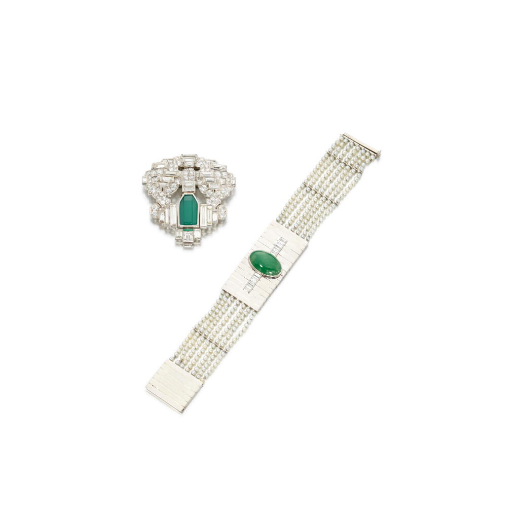 View full screen - View 1 of Lot 1059. Jade, seed pearl and diamond bracelet and a chalcedony and diamond clip, 1930s.