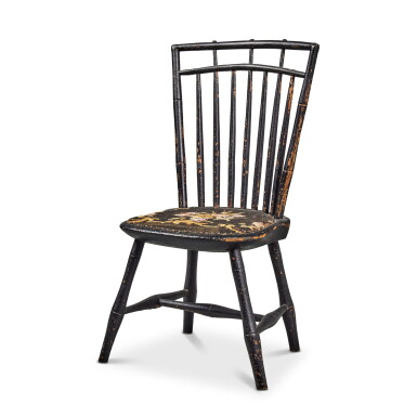View full screen - View 1 of Lot 42. Child's Black-Painted Upholstered-Seat Rod-Back Windsor Side Chair, Pennsylvania, Circa 1820.