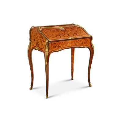 View full screen - View 1 of Lot 332. A Louis XV Style Gilt-Bronze Mounted Tulipwood, Amaranth and Bois de Bout Marquetry Bureau de Dame, in the Manner of Bernard II van Risenburgh, Late 19th Century .