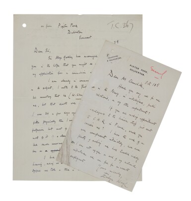 View full screen - View 1 of Lot 255. Evelyn Waugh | Two letters, to Winston Churchill and "Dear Sir", on his desire to serve in World War II, 1939.