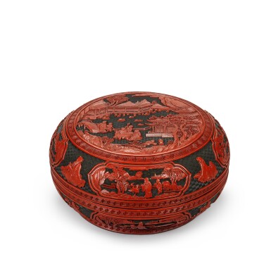 View full screen - View 1 of Lot 37. A large and impressive cinnabar lacquer 'Eight Immortals' box and cover Qing dynasty, 19th century | 清十九世紀 剔紅八仙圖大蓋盒.