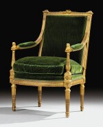 A CARVED GILTWOOD ARMCHAIR WITH SPHINXES, LOUIS XVI, BY MATHIEU DE BAUVE, CIRCA 1785 | FAUTEUIL AUX SPHINGES EN BOIS SCULPTÉ ET DORÉ D'ÉPOQUE LOUIS XVI, VERS 1785, PAR MATHIEU DE BAUVE