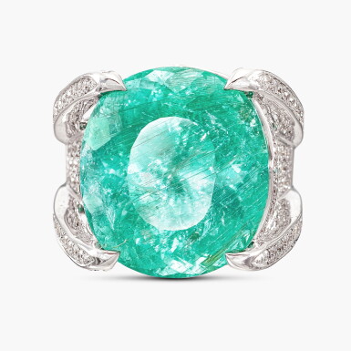 View full screen - View 1 of Lot 1342. Paraíba-Type Tourmaline and Diamond Ring | 21.97克拉「莫桑比克」帕拉伊巴碧璽 配 鑽石 戒指.