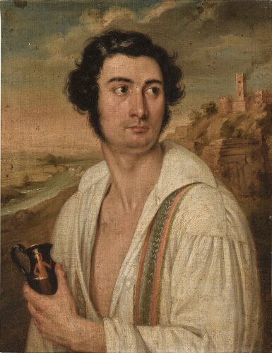 View full screen - View 1 of Lot 110. Portrait of a man holding a wine jug, a castle atop a hill beyond.