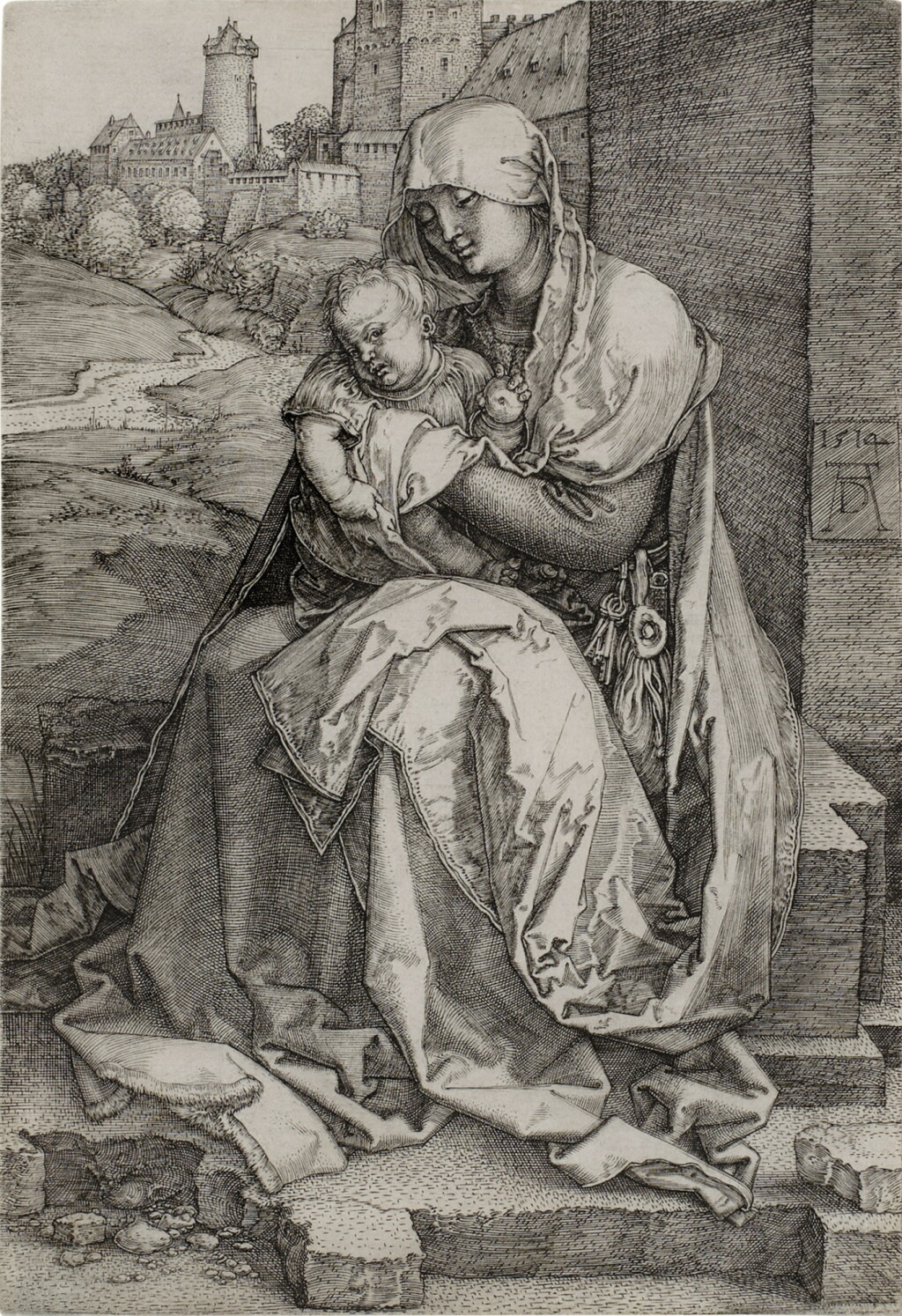 View full screen - View 1 of Lot 261. The Virgin and Child seated by a Wall (Bartsch 40; Meder, Hollstein 36; Schoch Mende Scherbaum 73).