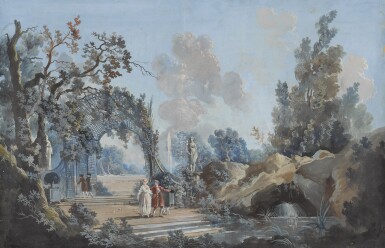 View full screen - View 1 of Lot 760. French School, 18th Century | LANDSCAPE WITH FIGURES WALKING IN A GARDEN.