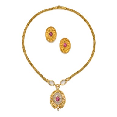 View full screen - View 1 of Lot 411. Gold and Ruby Necklace and Pair of Earclips.