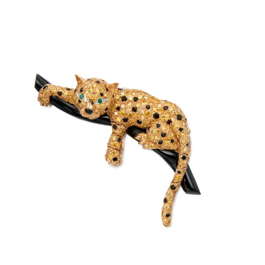 View full screen - View 1 of Lot 539. Colored Diamond, Emerald, and Onyx Clip-Brooch.
